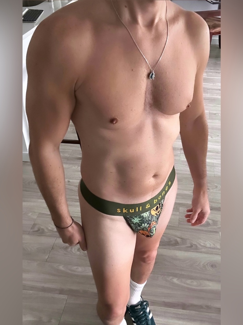 Skull & Bones | Olive Skull & Mushrooms Hand Painted Thong (Small)